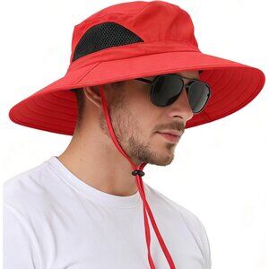 Unisex Red 100%Polyester Wide Brim Boonie Mesh Vents With Chin Strap Fishing Hat